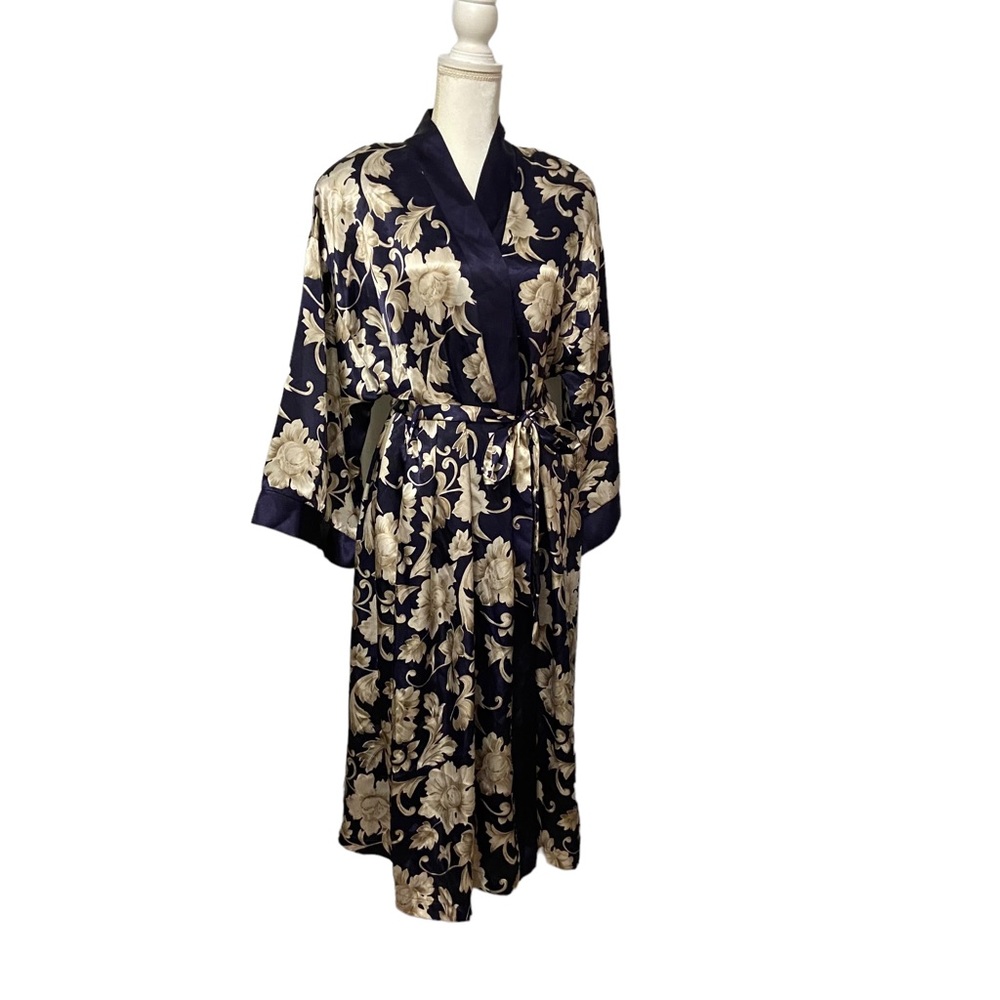 80’s VTG Adonna Kimono Satin Women’s Medium Floral Print Robe Navy Blue Romantic
